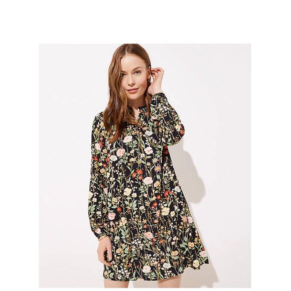 LOFT Women's Floral Ruffle Split Neck Dress Small Petite - Picture 1 of 7